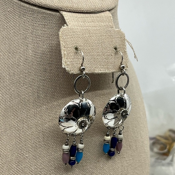 90's Handmade Sterling Silver Shell Drop Earrings with Beaded Accents - Picture 3 of 17